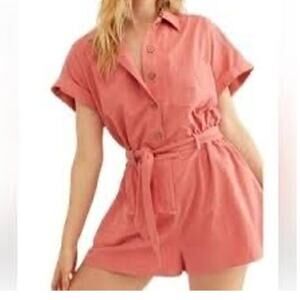 Free People Romper Coral Size XS Button Down Short Sleeve Belted Sinched Waist